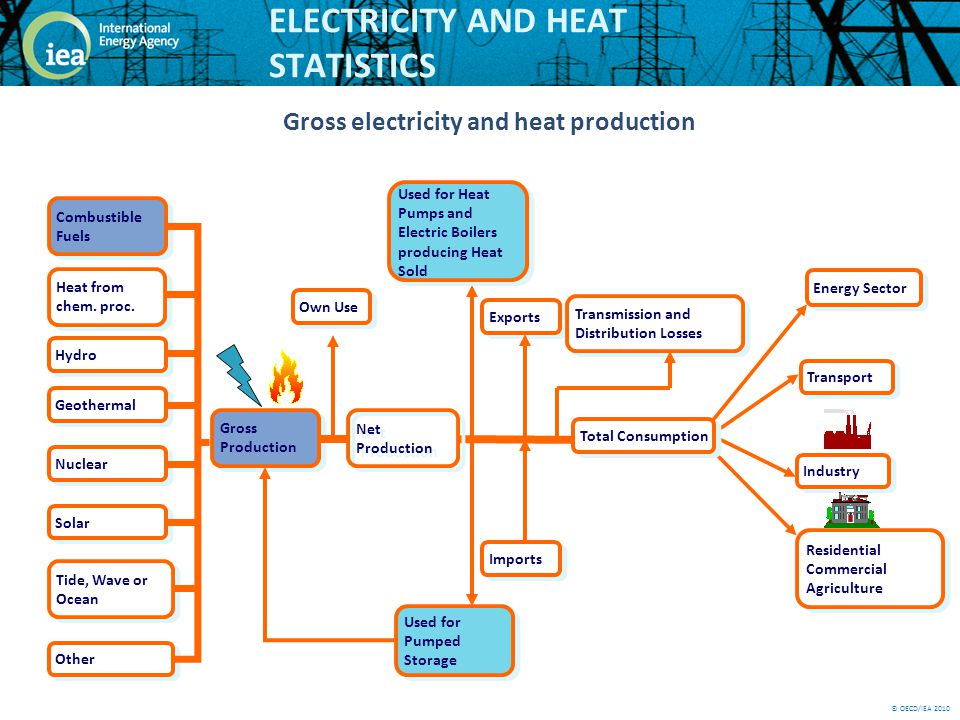 © OECD/IEA 2010 ELECTRICITY AND HEAT STATISTICS Gross Production Transport Industry Residential Commercial Agriculture Own Use Total Consumption Net Production Imports Exports Used for Heat Pumps and Electric Boilers producing Heat Sold Used for Pumped Storage Transmission and Distribution Losses Hydro Solar Tide, Wave or Ocean Other Combustible Fuels Geothermal Nuclear Heat from chem.