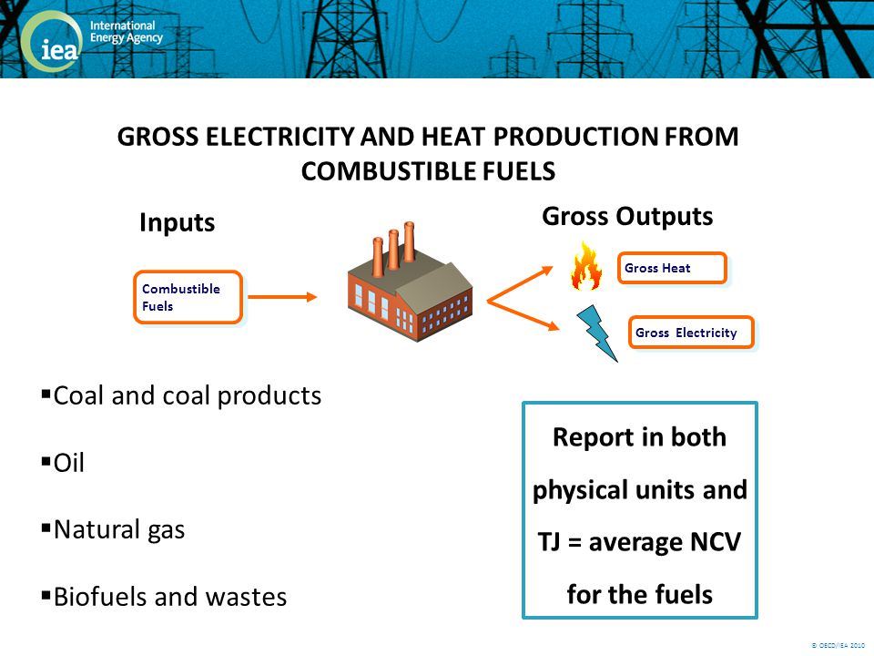 © OECD/IEA 2010 GROSS ELECTRICITY AND HEAT PRODUCTION FROM COMBUSTIBLE FUELS Coal and coal products Oil Natural gas Biofuels and wastes Combustible Fuels Inputs Gross Outputs Gross Heat Gross Electricity Report in both physical units and TJ = average NCV for the fuels