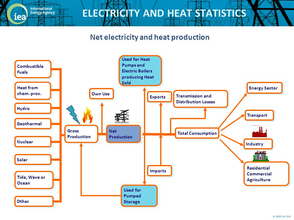© OECD/IEA 2010 ELECTRICITY AND HEAT STATISTICS Gross Production Transport Industry Residential Commercial Agriculture Own Use Total Consumption Net Production Imports Exports Used for Heat Pumps and Electric Boilers producing Heat Sold Used for Pumped Storage Transmission and Distribution Losses Hydro Solar Tide, Wave or Ocean Other Combustible Fuels Geothermal Nuclear Heat from chem.