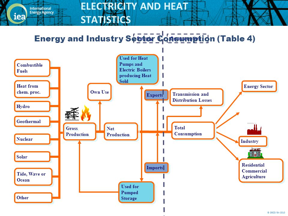 © OECD/IEA 2010 ELECTRICITY AND HEAT STATISTICS Gross Production Industry Residential Commercial Agriculture Own Use Total Consumption Net Production Imports Exports Used for Heat Pumps and Electric Boilers producing Heat Sold Used for Pumped Storage Transmission and Distribution Losses Hydro Solar Tide, Wave or Ocean Other Combustible Fuels Geothermal Nuclear Heat from chem.
