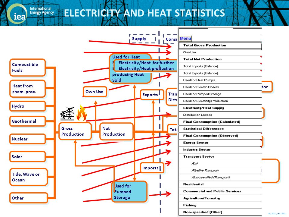 © OECD/IEA 2010 ELECTRICITY AND HEAT STATISTICS Gross Production Transport Energy Sector Industry Residential Commercial Agriculture Own Use Net Production Imports Exports Used for Heat Pumps and Electric Boilers producing Heat Sold Used for Pumped Storage Transmission and Distribution Losses Hydro Solar Tide, Wave or Ocean Other Combustible Fuels Geothermal Nuclear Heat from chem.