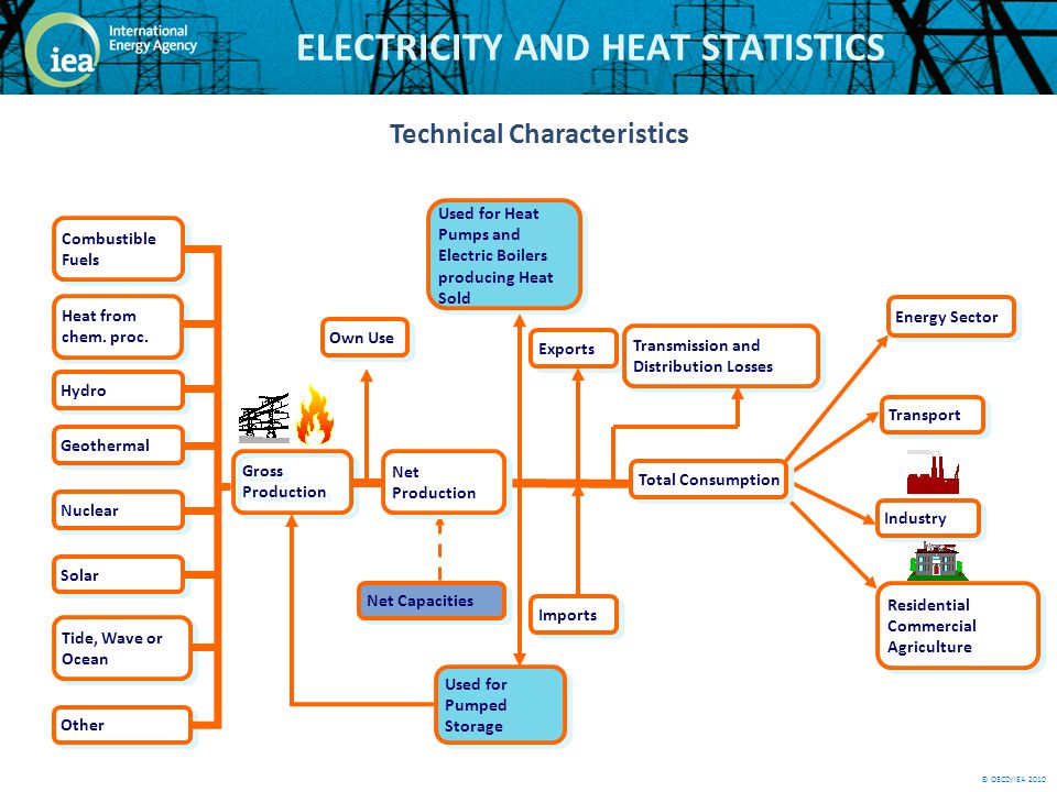 © OECD/IEA 2010 ELECTRICITY AND HEAT STATISTICS Gross Production Transport Industry Residential Commercial Agriculture Own Use Total Consumption Net Capacities Net Production Imports Exports Used for Heat Pumps and Electric Boilers producing Heat Sold Used for Pumped Storage Transmission and Distribution Losses Hydro Solar Tide, Wave or Ocean Other Combustible Fuels Geothermal Nuclear Heat from chem.