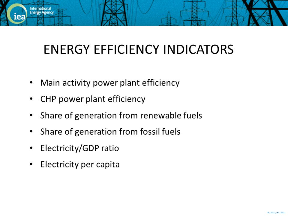 © OECD/IEA 2010 ENERGY EFFICIENCY INDICATORS Main activity power plant efficiency CHP power plant efficiency Share of generation from renewable fuels Share of generation from fossil fuels Electricity/GDP ratio Electricity per capita