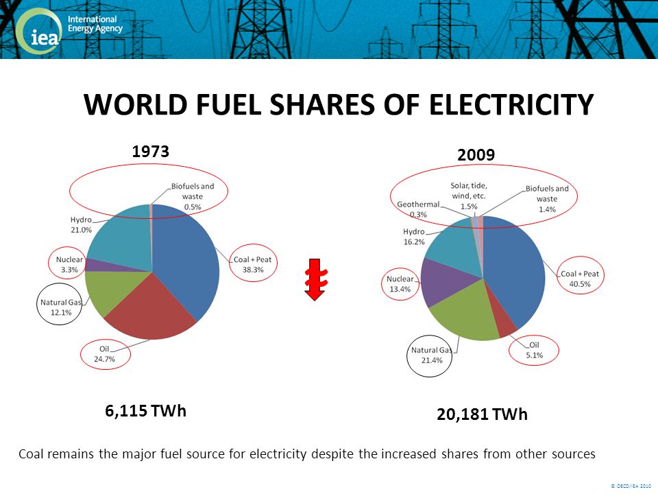 © OECD/IEA 2010 WORLD FUEL SHARES OF ELECTRICITY ,115 TWh ,181 TWh Coal remains the major fuel source for electricity despite the increased shares from other sources