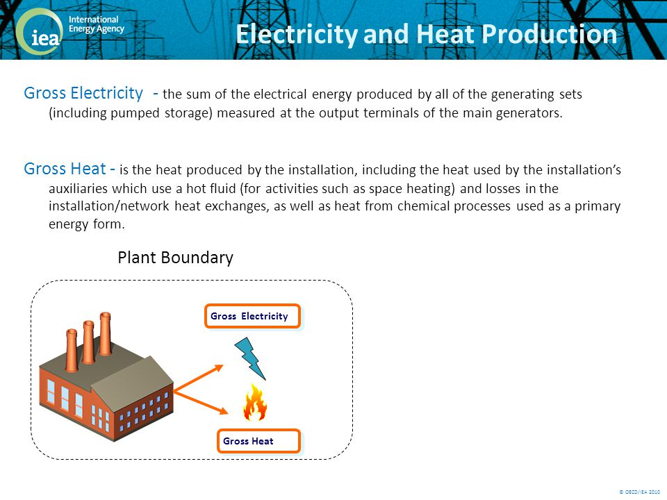 © OECD/IEA 2010 Electricity and Heat Production Gross Electricity - the sum of the electrical energy produced by all of the generating sets (including pumped storage) measured at the output terminals of the main generators.