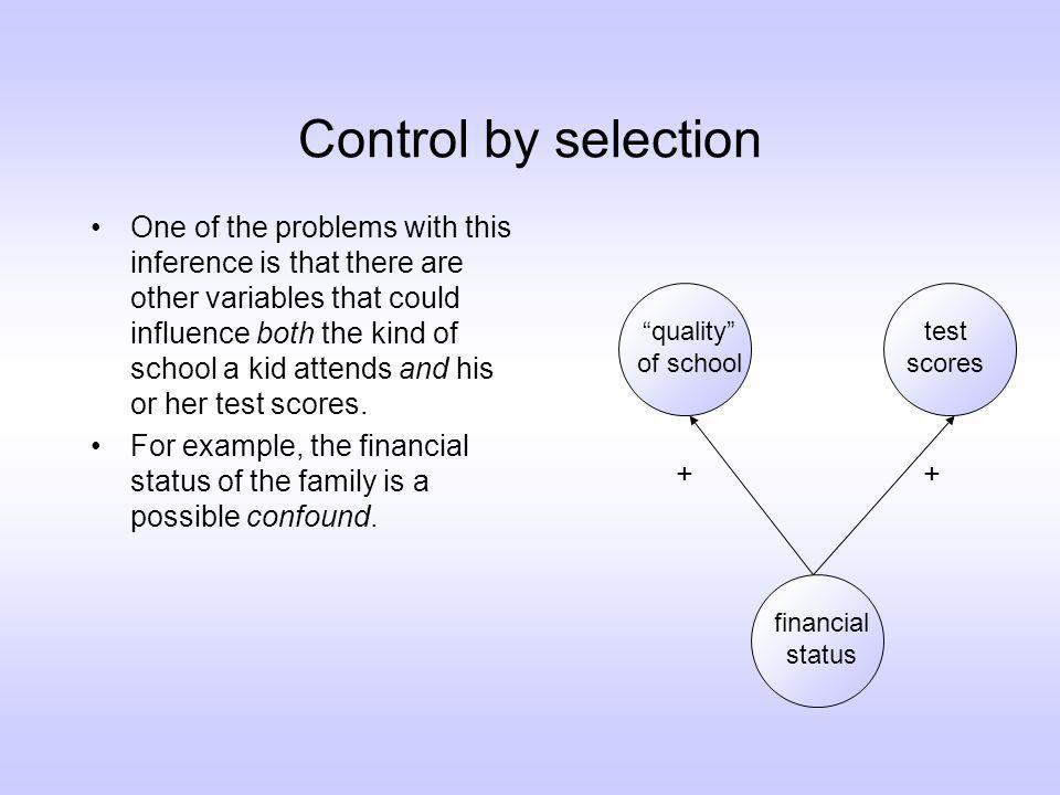 Control by selection One of the problems with this inference is that there are other variables that could influence both the kind of school a kid attends and his or her test scores.