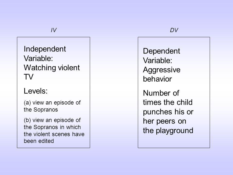 Independent Variable: Watching violent TV Levels: (a) view an episode of the Sopranos (b) view an episode of the Sopranos in which the violent scenes have been edited Dependent Variable: Aggressive behavior Number of times the child punches his or her peers on the playground IVDV