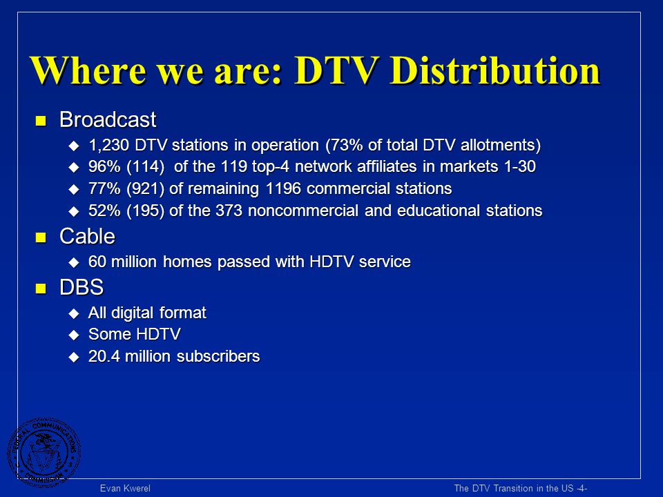 The Dtv Transition In The Us Evan Kwerel Senior Economic Advisor Federal Communications Commission Jsicr International Communications Ppt Download The Dtv Transition In The Us Evan Kwerel Senior Economic Advisor Federal Communications Commission Jsicr International Communications Ppt Download