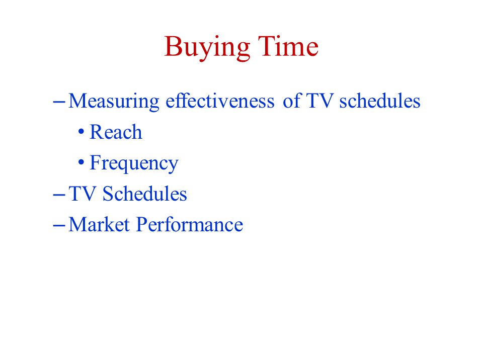 Buying Time – Measuring effectiveness of TV schedules Reach Frequency – TV Schedules – Market Performance