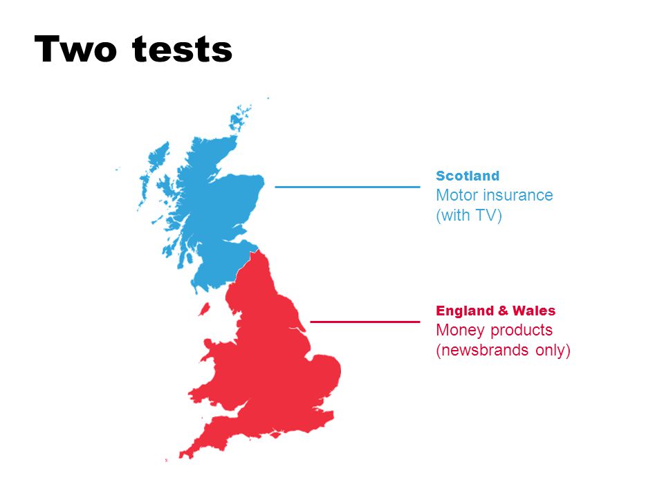 England & Wales Money products (newsbrands only) Scotland Motor insurance (with TV) Two tests