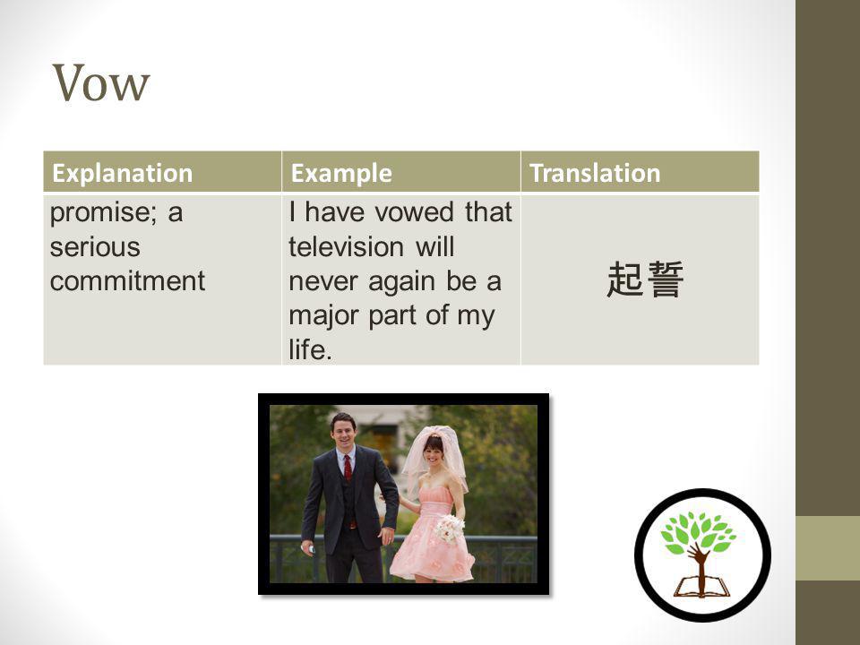 Vow ExplanationExampleTranslation promise; a serious commitment I have vowed that television will never again be a major part of my life.