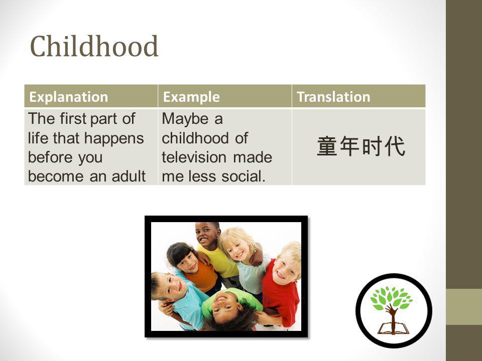Childhood ExplanationExampleTranslation The first part of life that happens before you become an adult Maybe a childhood of television made me less social.