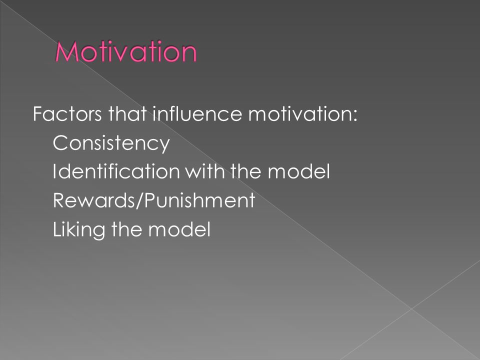 Factors that influence motivation: Consistency Identification with the model Rewards/Punishment Liking the model