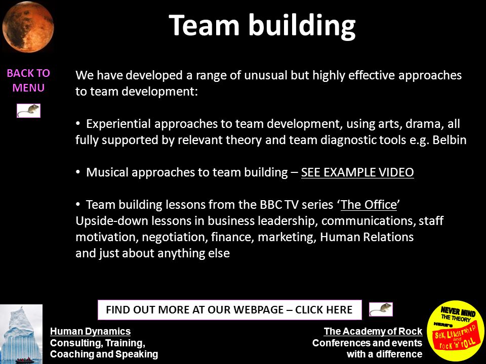Human Dynamics Consulting, Training, Coaching and Speaking The Academy of Rock Conferences and events with a difference Team building BACK TO MENU FIND OUT MORE AT OUR WEBPAGE – CLICK HERE We have developed a range of unusual but highly effective approaches to team development: Experiential approaches to team development, using arts, drama, all fully supported by relevant theory and team diagnostic tools e.g.