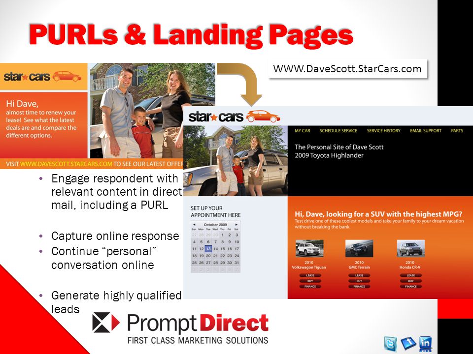 PURLs & Landing Pages Engage respondent with relevant content in direct mail, including a PURL Capture online response Continue personal conversation online Generate highly qualified leads