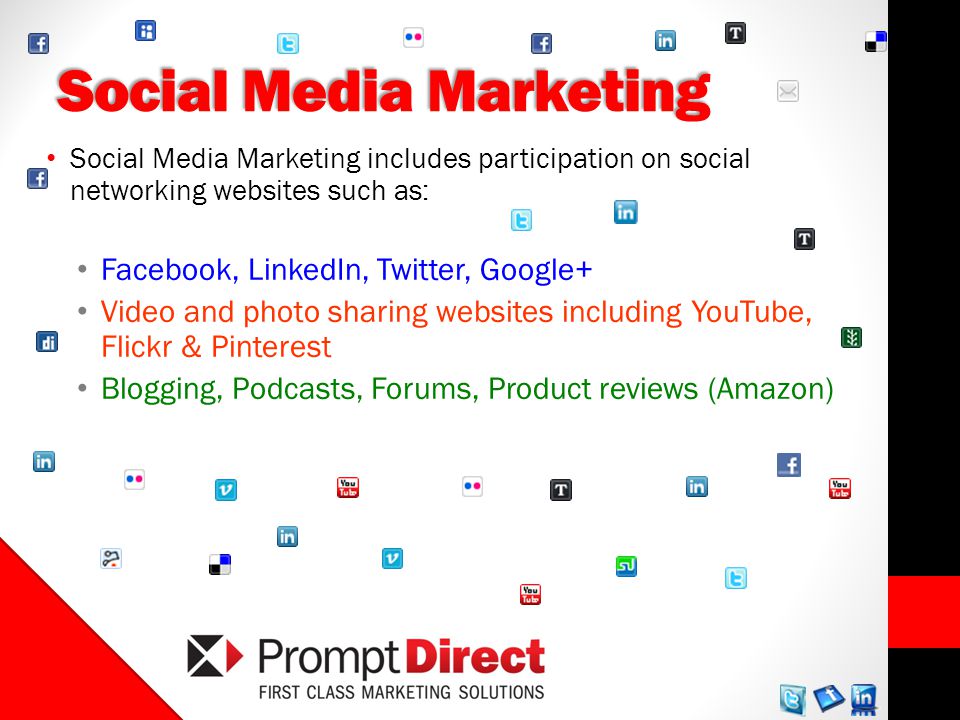 Social Media Marketing Social Media Marketing includes participation on social networking websites such as: Facebook, LinkedIn, Twitter, Google+ Video and photo sharing websites including YouTube, Flickr & Pinterest Blogging, Podcasts, Forums, Product reviews (Amazon)