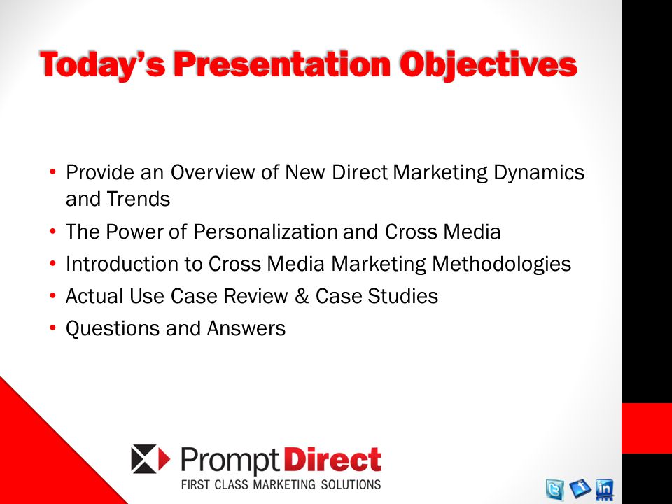 Todays Presentation Objectives Provide an Overview of New Direct Marketing Dynamics and Trends The Power of Personalization and Cross Media Introduction to Cross Media Marketing Methodologies Actual Use Case Review & Case Studies Questions and Answers
