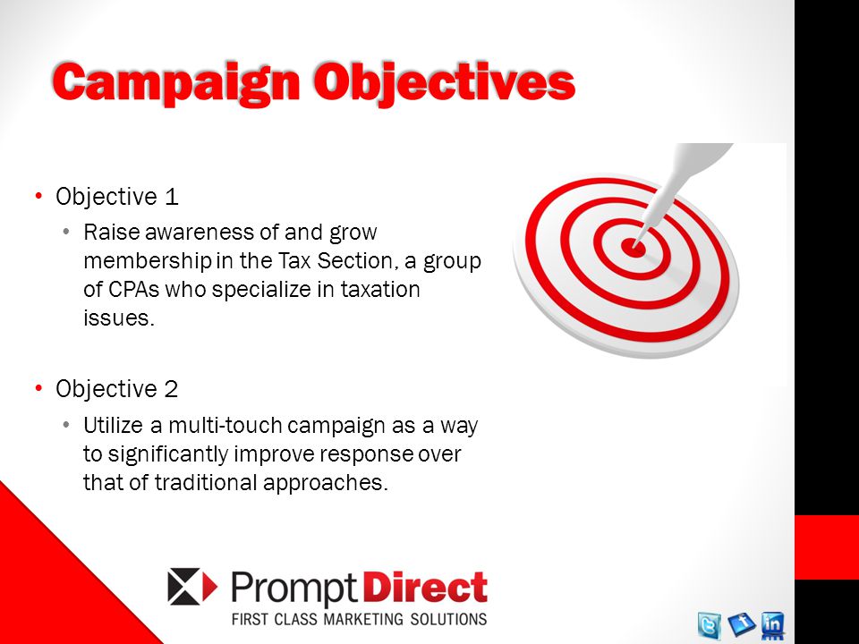 Campaign Objectives Objective 1 Raise awareness of and grow membership in the Tax Section, a group of CPAs who specialize in taxation issues.