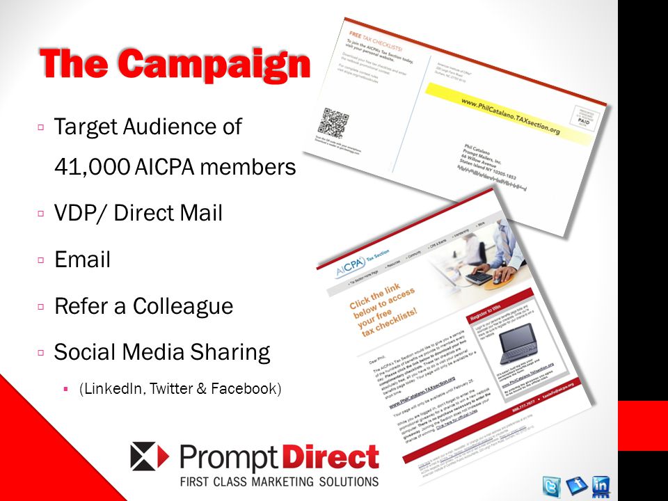 The Campaign Target Audience of 41,000 AICPA members VDP/ Direct Mail  Refer a Colleague Social Media Sharing (LinkedIn, Twitter & Facebook)