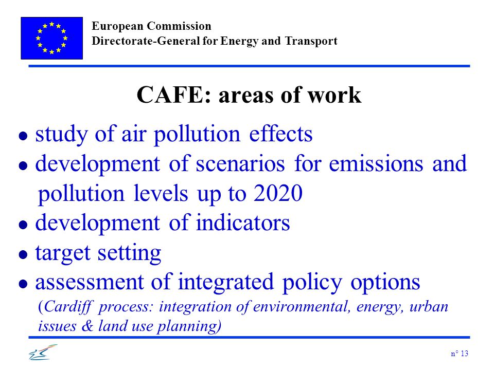 European Commission Directorate-General for Energy and Transport n° 13 CAFE: areas of work l study of air pollution effects l development of scenarios for emissions and pollution levels up to 2020 l development of indicators l target setting l assessment of integrated policy options (Cardiff process: integration of environmental, energy, urban issues & land use planning)