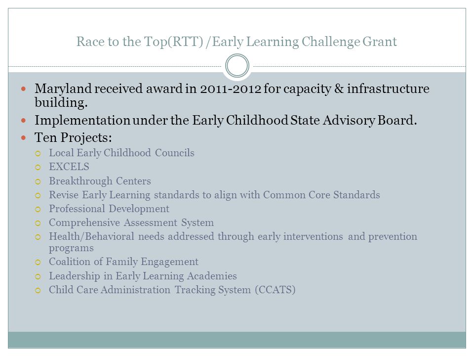 Race to the Top(RTT) /Early Learning Challenge Grant Maryland received award in for capacity & infrastructure building.