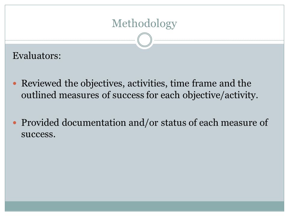 Methodology Evaluators: Reviewed the objectives, activities, time frame and the outlined measures of success for each objective/activity.