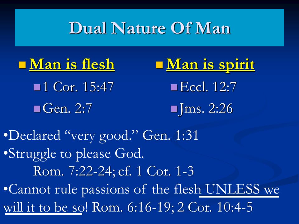 Dual Nature Of Man Man is flesh Man is flesh 1 Cor.