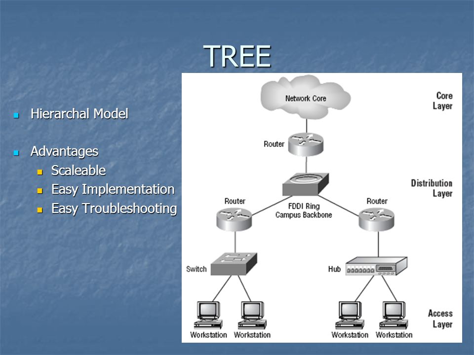 TREE Hierarchal Model Hierarchal Model Advantages Advantages Scaleable Scaleable Easy Implementation Easy Implementation Easy Troubleshooting Easy Troubleshooting