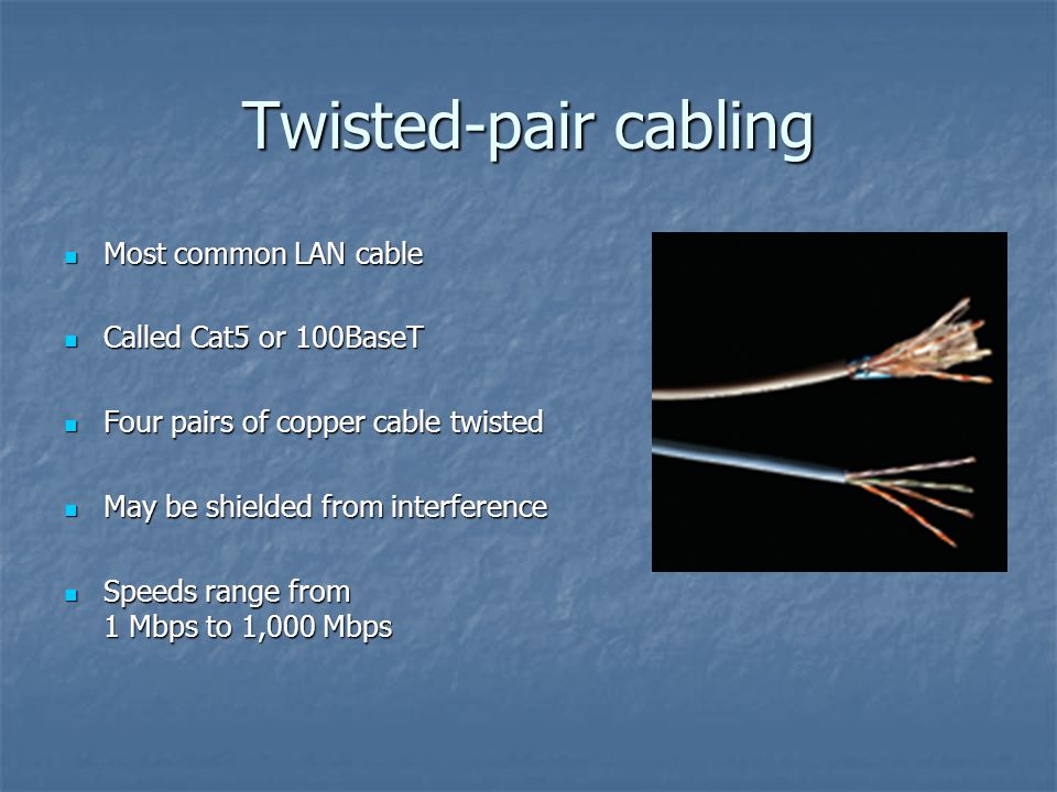 Twisted-pair cabling Most common LAN cable Most common LAN cable Called Cat5 or 100BaseT Called Cat5 or 100BaseT Four pairs of copper cable twisted Four pairs of copper cable twisted May be shielded from interference May be shielded from interference Speeds range from 1 Mbps to 1,000 Mbps Speeds range from 1 Mbps to 1,000 Mbps