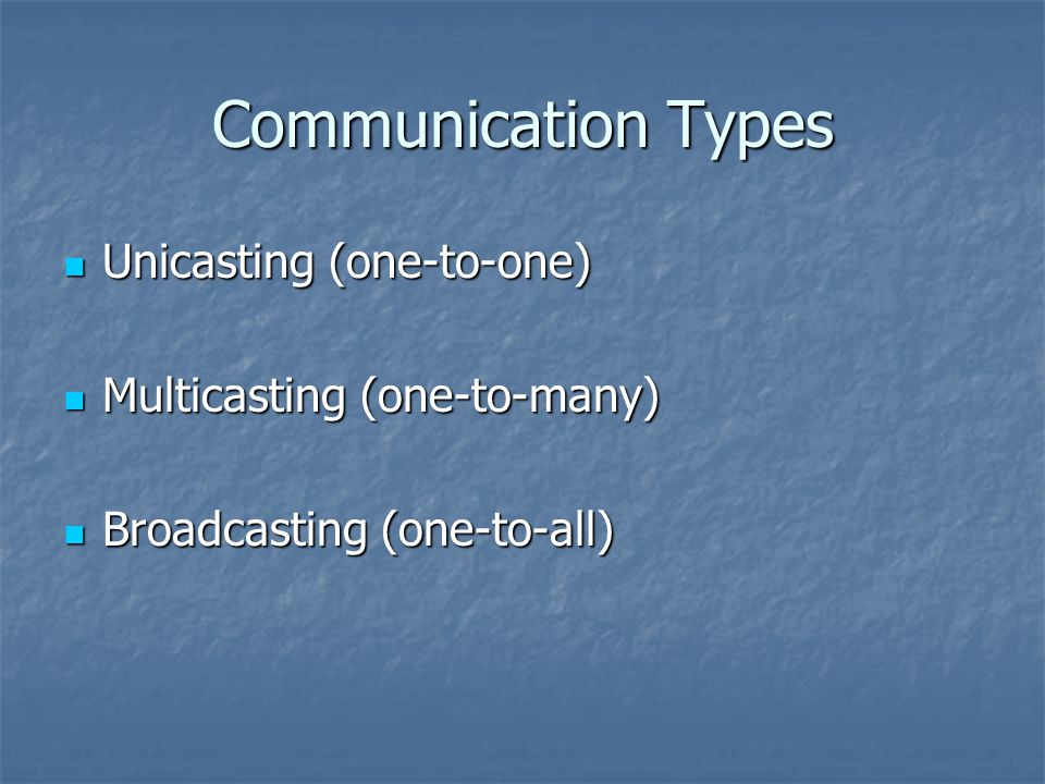 Communication Types Unicasting (one-to-one) Unicasting (one-to-one) Multicasting (one-to-many) Multicasting (one-to-many) Broadcasting (one-to-all) Broadcasting (one-to-all)