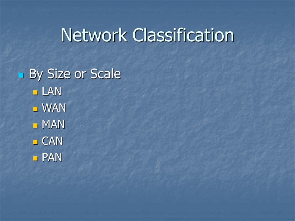 Network Classification By Size or Scale By Size or Scale LAN LAN WAN WAN MAN MAN CAN CAN PAN PAN