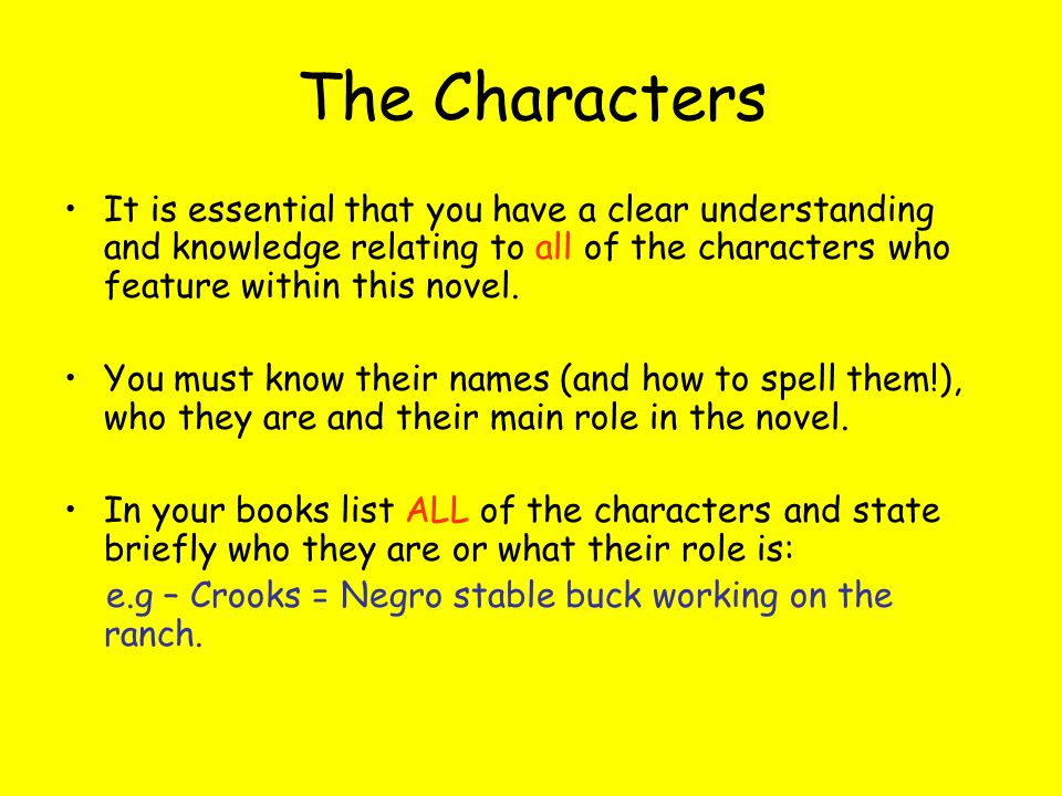 The Characters It is essential that you have a clear understanding and knowledge relating to all of the characters who feature within this novel.