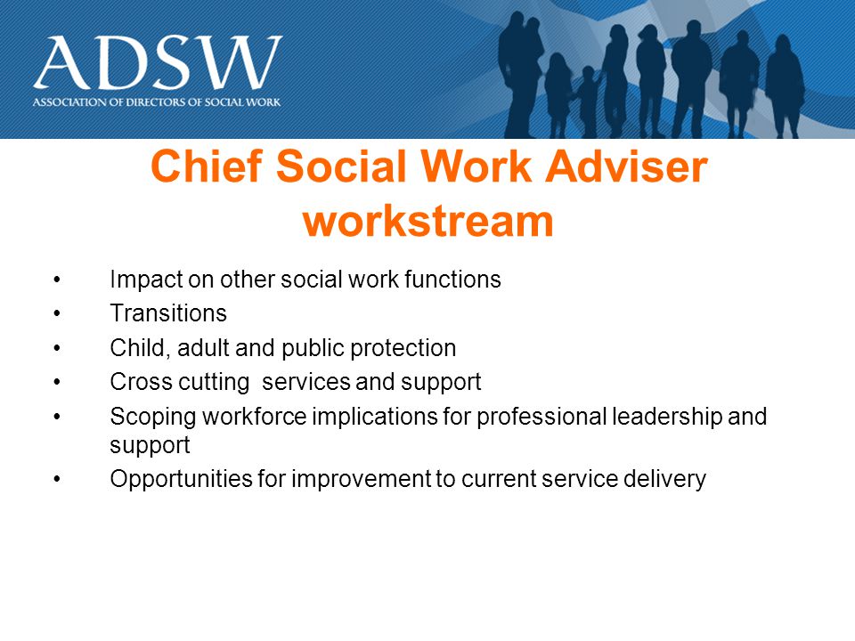 Chief Social Work Adviser workstream Impact on other social work functions Transitions Child, adult and public protection Cross cutting services and support Scoping workforce implications for professional leadership and support Opportunities for improvement to current service delivery