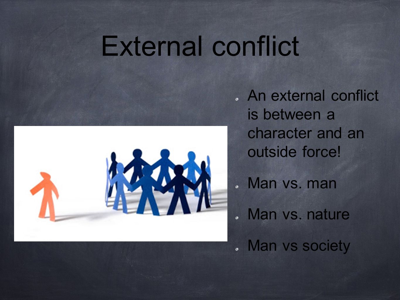 External conflict An external conflict is between a character and an outside force.