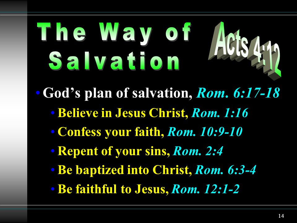 14 Gods plan of salvation, Rom. 6:17-18 Believe in Jesus Christ, Rom.