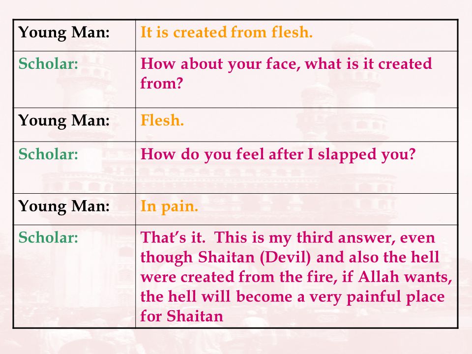 Young Man:It is created from flesh. Scholar:How about your face, what is it created from.
