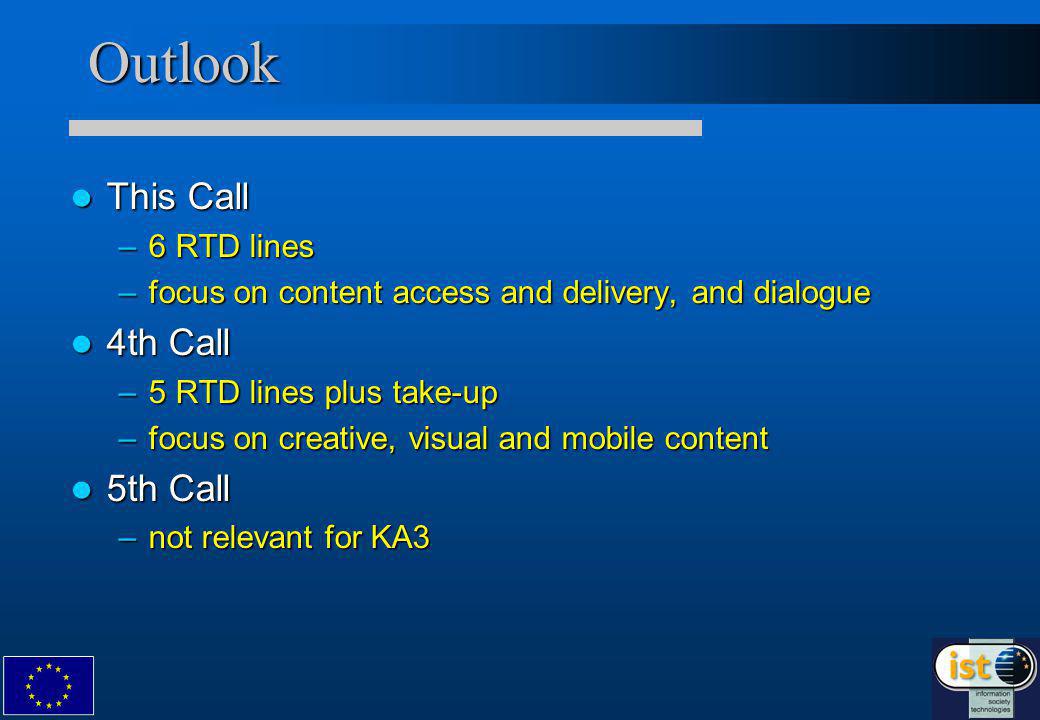 Outlook This Call This Call –6 RTD lines –focus on content access and delivery, and dialogue 4th Call 4th Call –5 RTD lines plus take-up –focus on creative, visual and mobile content 5th Call 5th Call –not relevant for KA3