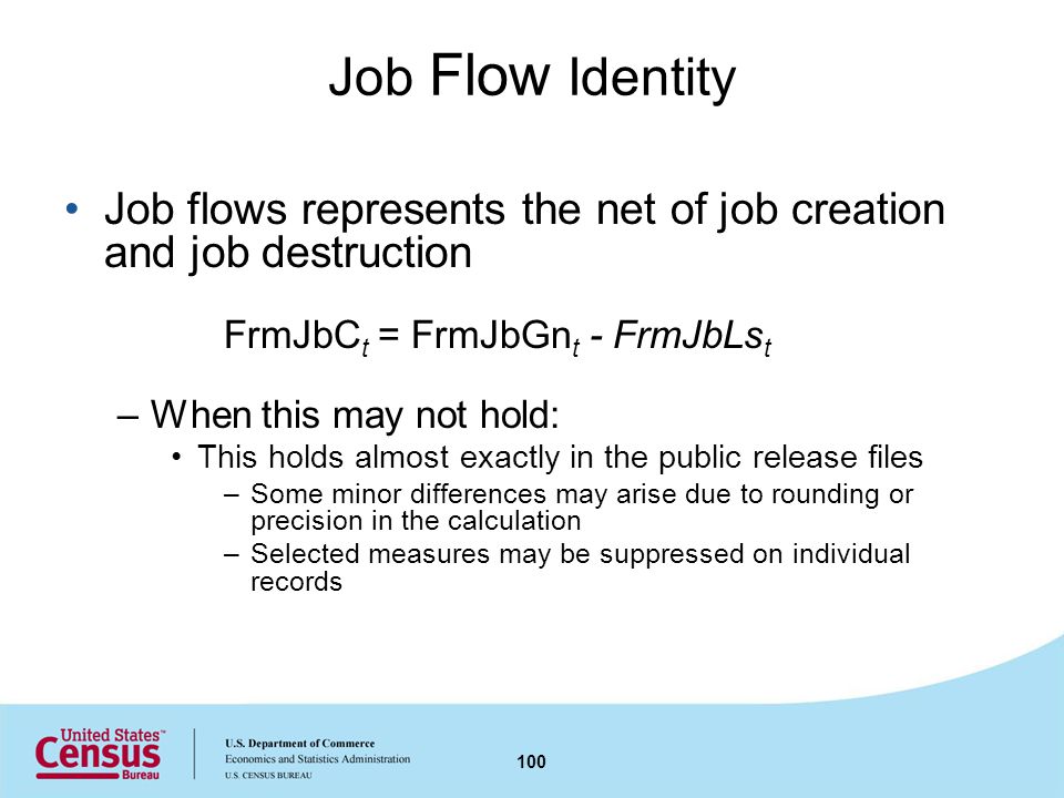 Job Flow Identity Job flows represents the net of job creation and job destruction FrmJbC t = FrmJbGn t - FrmJbLs t –When this may not hold: This holds almost exactly in the public release files –Some minor differences may arise due to rounding or precision in the calculation –Selected measures may be suppressed on individual records 100