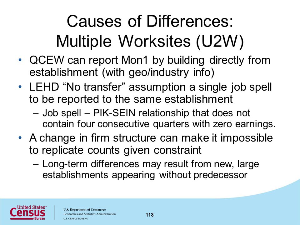 Causes of Differences: Multiple Worksites (U2W) QCEW can report Mon1 by building directly from establishment (with geo/industry info) LEHD No transfer assumption a single job spell to be reported to the same establishment –Job spell – PIK-SEIN relationship that does not contain four consecutive quarters with zero earnings.