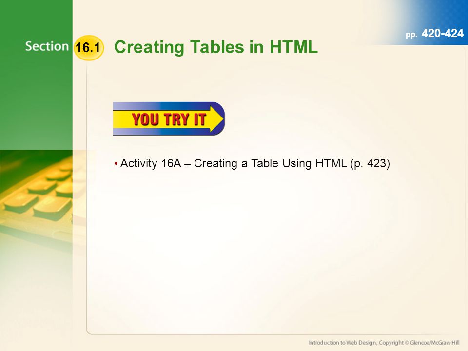 pp Creating Tables in HTML Activity 16A – Creating a Table Using HTML (p. 423) 16.1