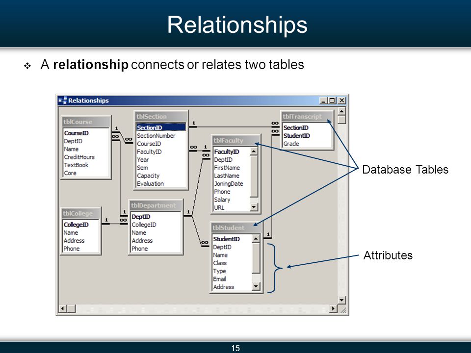 15 Relationships A relationship connects or relates two tables Database Tables Attributes