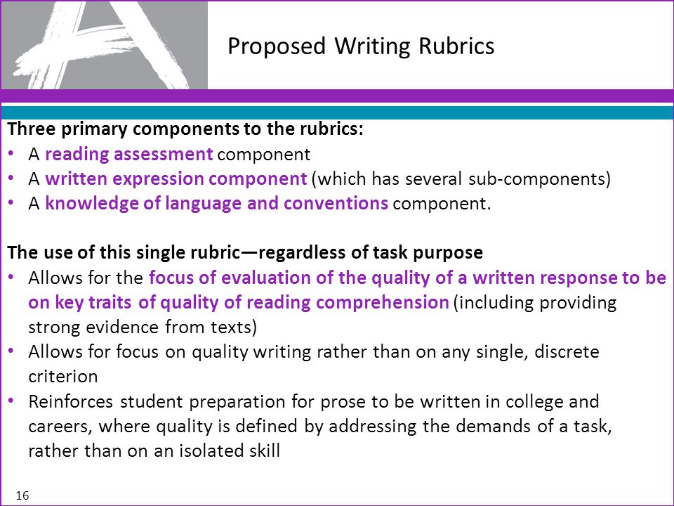 Proposed Writing Rubrics Three primary components to the rubrics: A reading assessment component A written expression component (which has several sub-components) A knowledge of language and conventions component.