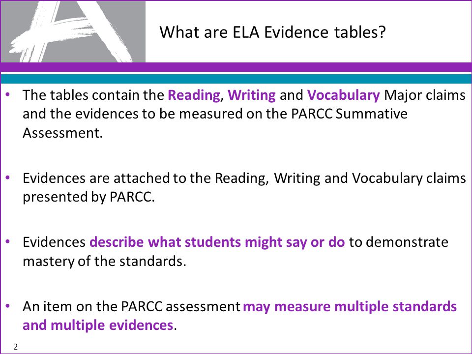 The tables contain the Reading, Writing and Vocabulary Major claims and the evidences to be measured on the PARCC Summative Assessment.