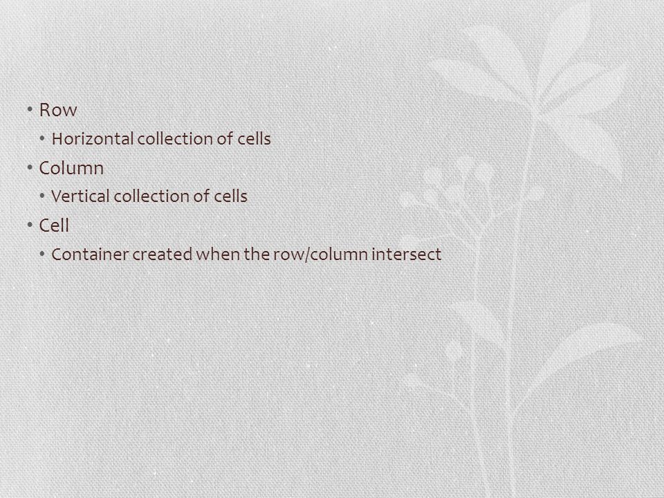 Row Horizontal collection of cells Column Vertical collection of cells Cell Container created when the row/column intersect
