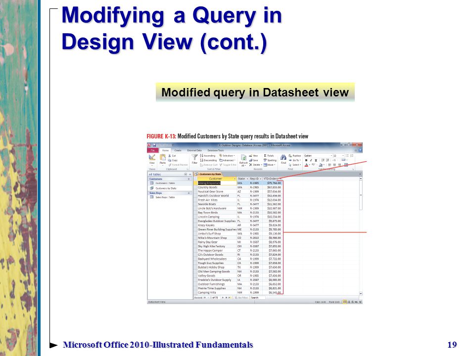 Modifying a Query in Design View (cont.) 19Microsoft Office 2010-Illustrated Fundamentals Modified query in Datasheet view