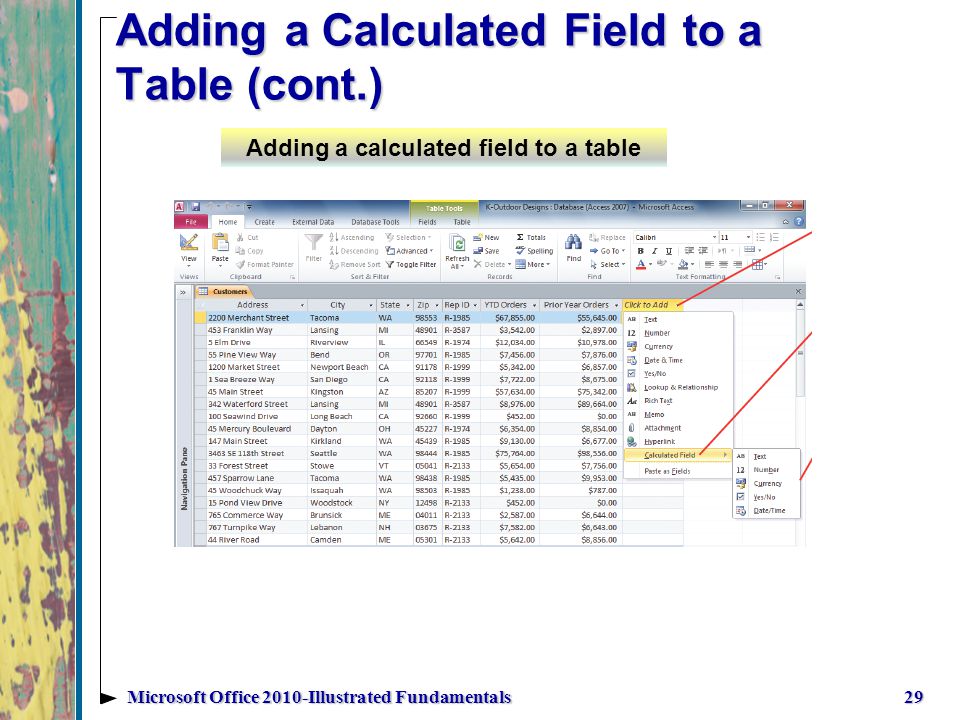 Adding a Calculated Field to a Table (cont.) 29Microsoft Office 2010-Illustrated Fundamentals Adding a calculated field to a table