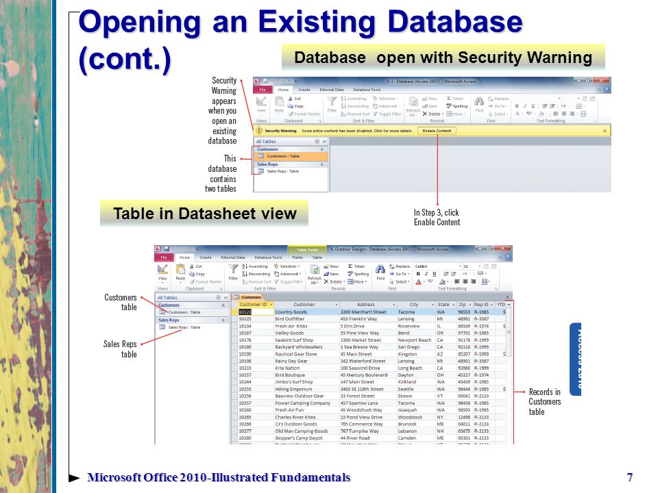 Opening an Existing Database (cont.) 7Microsoft Office 2010-Illustrated Fundamentals Database open with Security Warning Table in Datasheet view