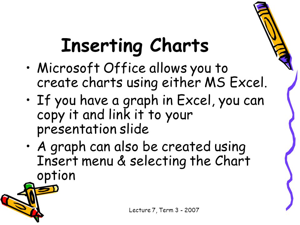 Lecture 7, Term Inserting Charts Microsoft Office allows you to create charts using either MS Excel.