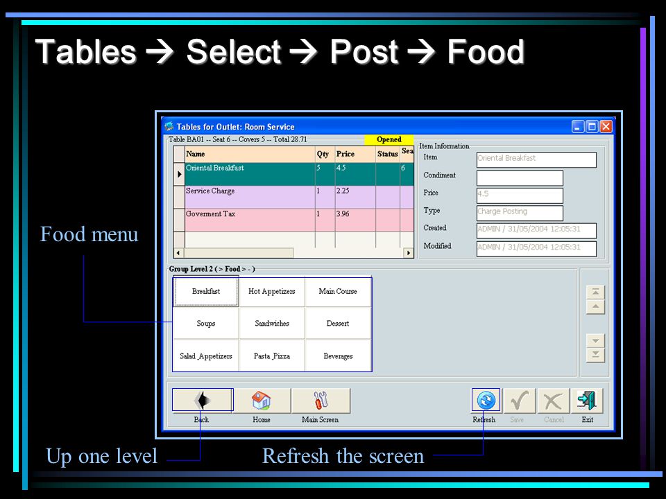Tables Select Post Food Up one levelRefresh the screen Food menu