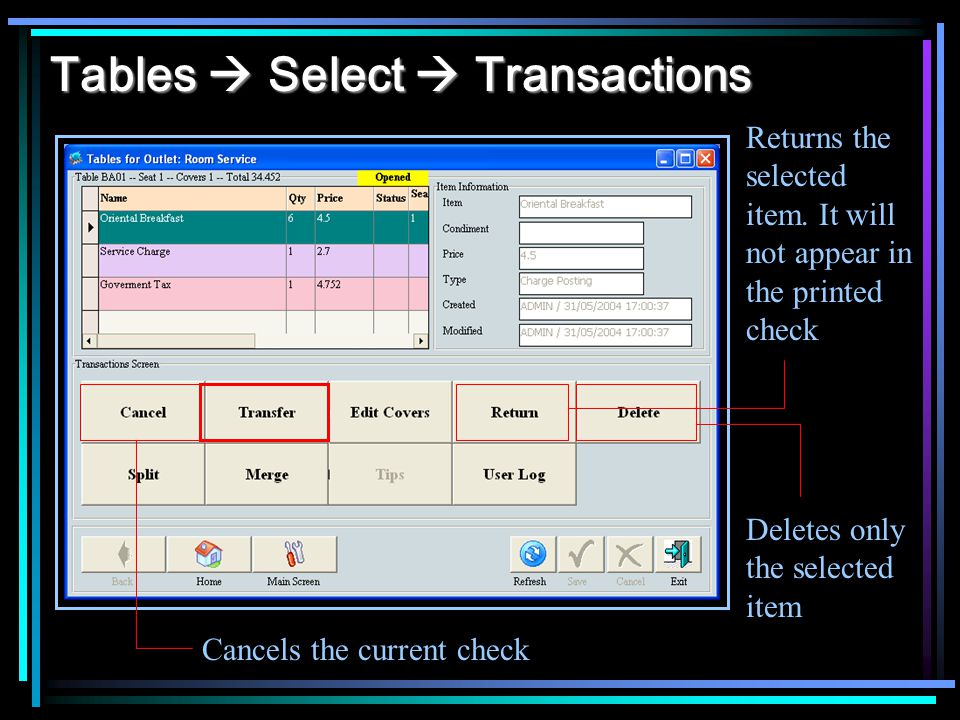 Tables Select Transactions Cancels the current check Returns the selected item.